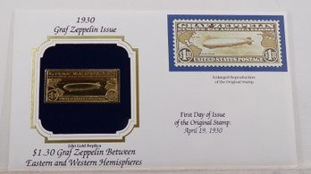 22kt Gold Replica 1930 (Graf Zeppelin) $1.30 Graf Zeppelin Between East & West Hemispheres Stamp W/Replica