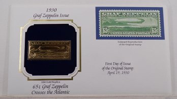 22kt Gold Replica 1930 (Graf Zeppelin) 65C Graf Zeppelin Crosses The Atlantic Stamp W/Replica Of Original