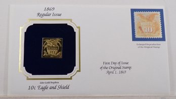 22kt Gold Replica 1869 (Regular Issue) 10C Eagle And Shield Stamp W/Replica Of Original