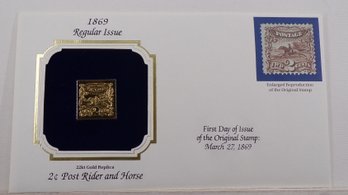22kt Gold Replica 1869 (Regular Issue) 2C Post Rider And Horse Stamp W/Replica Of Original