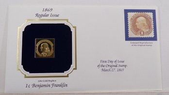 22kt Gold Replica 1869 (Regular Issue) 1C Benjamin Franklin Stamp W/Replica Of Original