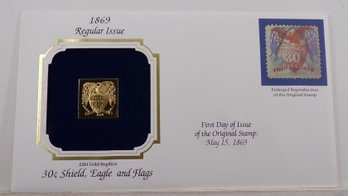 22kt Gold Replica 1869 (Regular Issue) 30C Shield, Eagle And Flags Stamp W/Replica Of Original