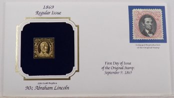 22kt Gold Replica 1869 (Regular Issue) 90C Abraham Lincoln Stamp W/Replica Of Original