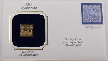 22kt Gold Replica 1869 (Regular Issue) 3C Locomotive Stamp W/Replica Of Original