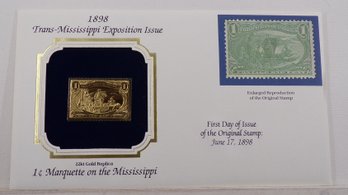 22kt Gold Replica 1898 (Trans-Mississippi Expo) 1C Marquette On The Mississippi Stamp W/Replica Of Original