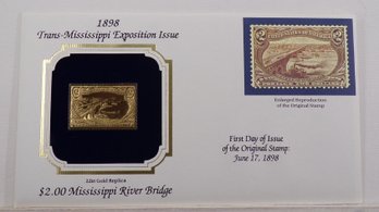 22kt Gold Replica 1898 (Trans-Mississippi Expo) $2 Mississippi River Bridge Stamp W/Replica Of Original