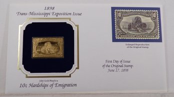 22kt Gold Replica 1898 (Trans-Mississippi Expo) 10C Hardships Of Emigration Stamp W/Replica Of Original