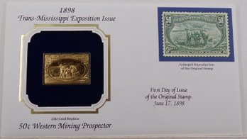 22kt Gold Replica 1898 (Trans-Mississippi Expo) 50C Western Mining Prospector Stamp W/Replica Of Original