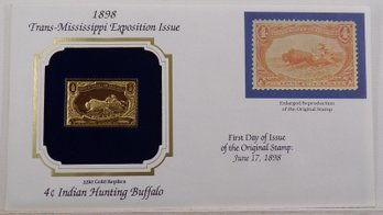 22kt Gold Replica 1898 (Trans-Mississippi Expo) 4C Indian Hunting Buffalo Stamp W/Replica Of Original