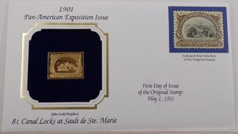 22kt Gold Replica 1901 (Pan-American Expo) 8C Canal Locks At Sault De Ste. Marie Stamp W/Replica Of Original
