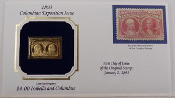 22kt Gold Replica 1893(Columbian Exposition) $4 Isabella & Columbus Stamp W/Replica Of Original