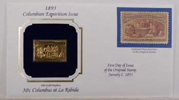22kt Gold Replica 1893(Columbian Exposition) 5C Columbus At La Rabida Stamp W/Replica Of Original