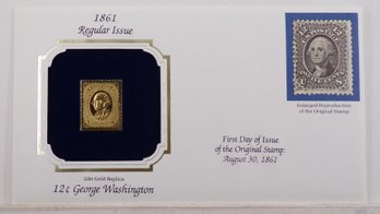 22kt Gold Replica 1861, 12C George Washington Stamp Bearing Reproduction Of Original Stamp