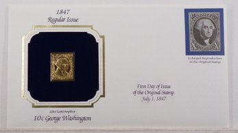 22kt Gold Replica 1847, 10C George Washington Stamp Bearing Reproduction Of Original Stamp