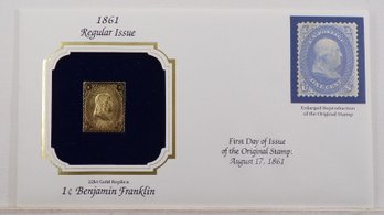 22kt Gold Replica 1861, 1C Benjamin Franklin Stamp Bearing Reproduction Of Original Stamp