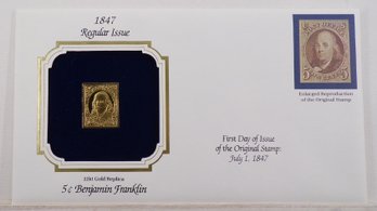 22kt Gold Replica 1847, 5C Benjamin Franklin Stamp Bearing Reproduction Of Original Stamp