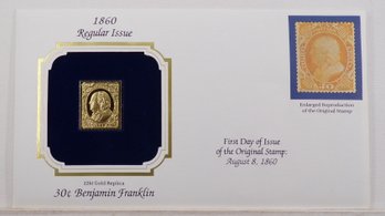 22kt Gold Replica 1860, 30C Benjamin Franklin Stamp Bearing Reproduction Of Original Stamp