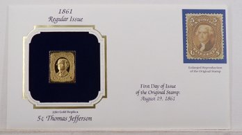 22kt Gold Replica 1861, 5C Thomas Jefferson Stamp Bearing Reproduction Of Original Stamp