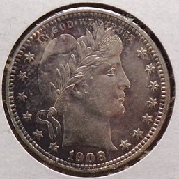 Beautiful 1908-D Barber Silver Quarter Dollar Gem Brilliant Uncirculated