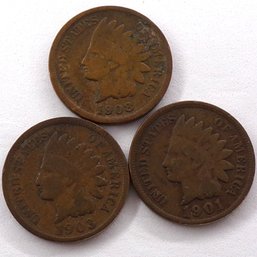 (3) Indian Head Cents 1901, 1903, 1908