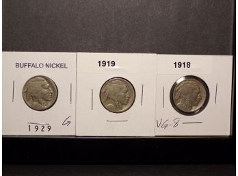 (3) Buffalo Nickels 1918, 1919, 1929