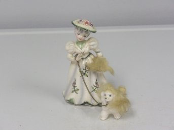 Vintage Porcelain And Hair Art Lady Walking Dog