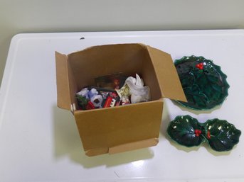 Assorted Christmas Including Ceramic Holly Dishes