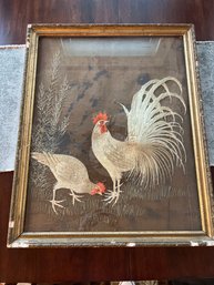 22x27 In JAPANESE SILK EMBROIDERED PICTURE OF COCKEREL AND HEN