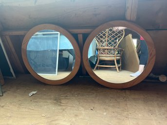 Lot Of 2 - 23 Inch Round Wood Framed Wall Mirrors
