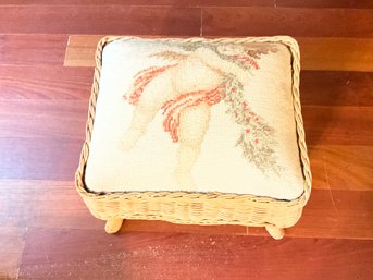 Vintage French Style Wicker Cherub Needlepoint And Cabriole Legs Footstool Bench