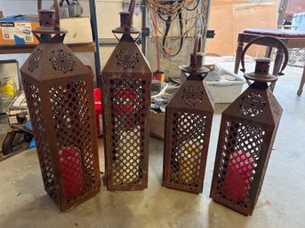 Set Of 4 Rustic Moroccan Square Lantern Antique Metal Ornate French Moorish Garden Indoor Outdoor Lanterns