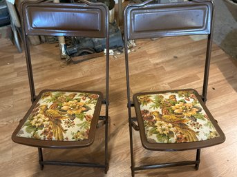 Set Of 2 1950s Folding Chairs Metal Upholstered Pheasant Floral Padded Vintage
