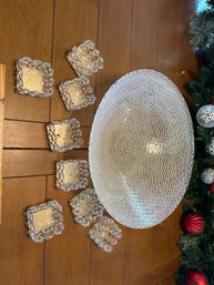 Set Of 8 Crystal Tea Light Votive Candle Holders And Large Glass Centerpiece Bowl