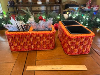 Set Of 2 Barbecue Outdoor Party Utensil Holders Red And Orange Plastic Weave