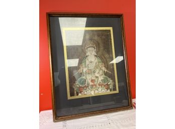 Stunning Framed Mounted Matted  Ruyilun Guanyin  Bodhisattva Seated On Lotus Throne Excellent Condition 23x18