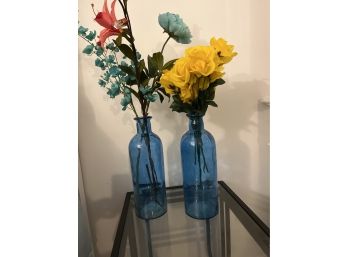 Set Of 2 Large Blue Glass Vases 14 In Tall See Photos