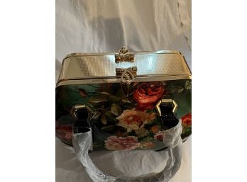 Gloss PU Leather Red & Green Floral Handbag Pocketbook With Gold