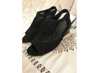 Impo Stretch Crochet Style Black Wedge Heel Sandals Size 6.5