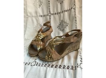 385 Brown And Gold Cork Wedge Sandals Size 6