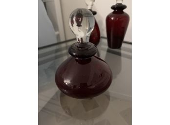 Set Of 3 Vintage Ruby Red Perfume Bottle Vanity Decanter Containers With Clear Stoppers