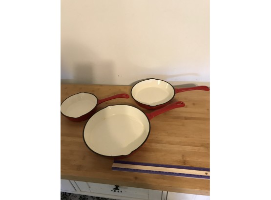 Lot Of 3 Red Enamel Coated Cast Iron Frying Pans