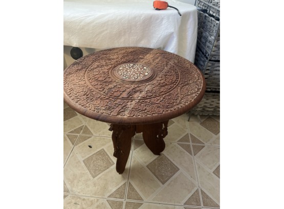 Vintage 1070s Carved Wooden With Beautiful Floral Inlay Small Table Pedestal Stand See Photos