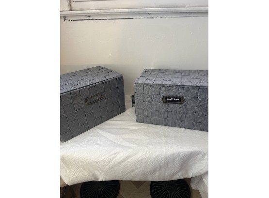 Set Of 2 Dwell Studio Grey Woven Storage Baskets With Hinged Lids