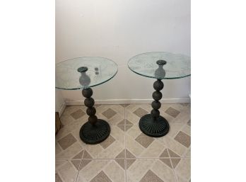 Set Of 2 Beautiful Unique Patina Metal & Flower Detail Glass Column End Occasional Side Tables Must See Photos