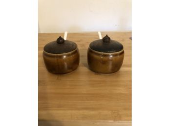 Vintage Ceramic Sugar Bowls W/Wooden Tops