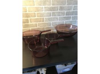 Rare Pyrex Corning Cranberry Vision Pots And Bowl
