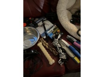 Huge Lot Of Dog Items Bed Bowl Leashes Combs Bones Calming Coat See Photos