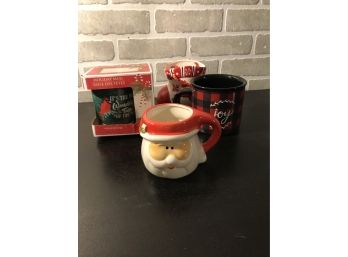 Lot Of 3 Assorted Christmas Mugs And A Ceramic Boot