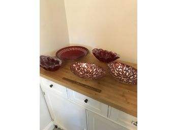 Lot Of 5 Assorted Red Glass Decorative  Bowls