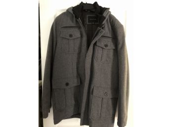 Wool/Polyster Jacket By Structure, XL, Charcoal Gray, 4 Buttoned & 2 Zippered Pockets, Removable Zipped Hood